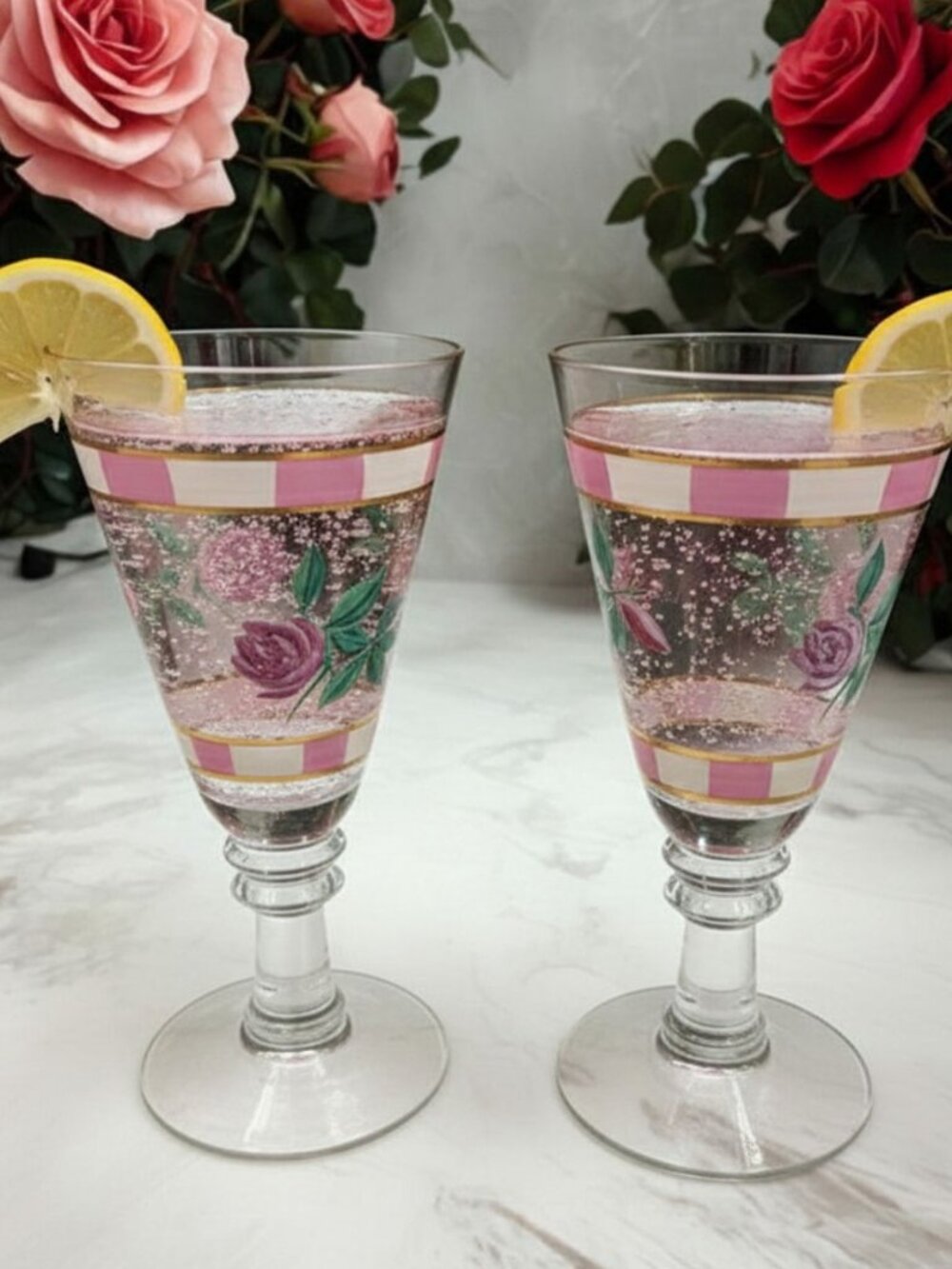 Vintage Wedgwood English Cottage Wine/Water Glasses Hand Painted Set of 2 Used